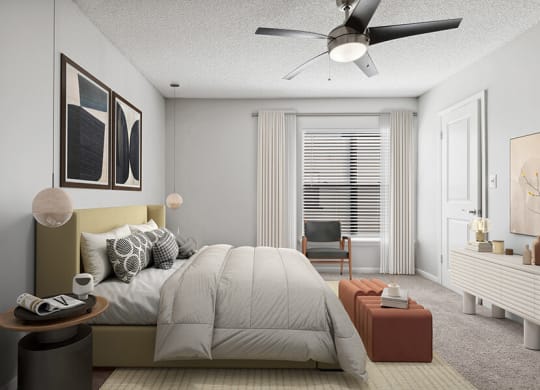 Model Bedroom with Carpet and Walk In Closet at Rosehill Preserve Apartments located in Orlando, FL.