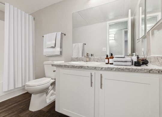 Model Bathroom with White Cabinets, Wood-Style Flooring & Shower/Tub at Solano Springs Apartments located in Tucson, AZ.