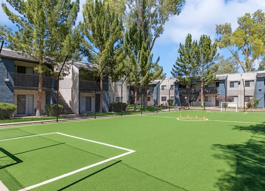 Community Soccer Field with Nets at Solano Springs Apartments in Tucson, AZ.