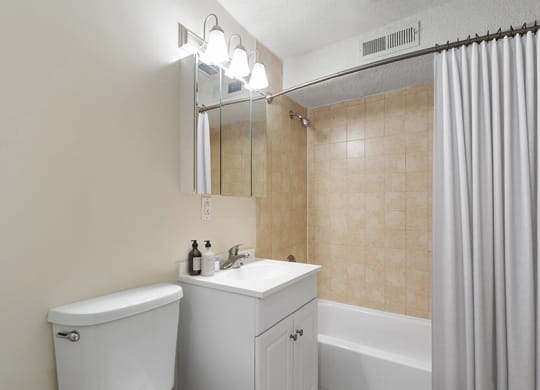 Model Bathroom with White Cabinets and Wood-Style Flooring  at Meadows at Marlborough Apartments in Boston, MA.