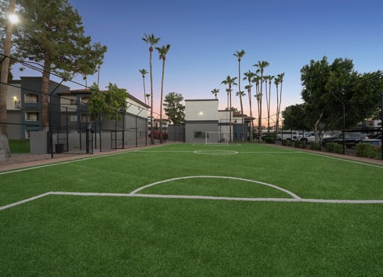 Community Soccer Field with Nets at Country Club Verandas Apartments located in Mesa, AZ.