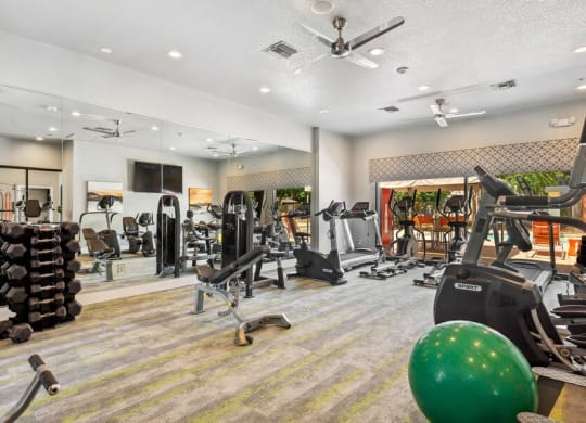 Community Fitness Center with Equipment and Mirrors at Harmony at Surprise Apartments in Surprise, AZ.