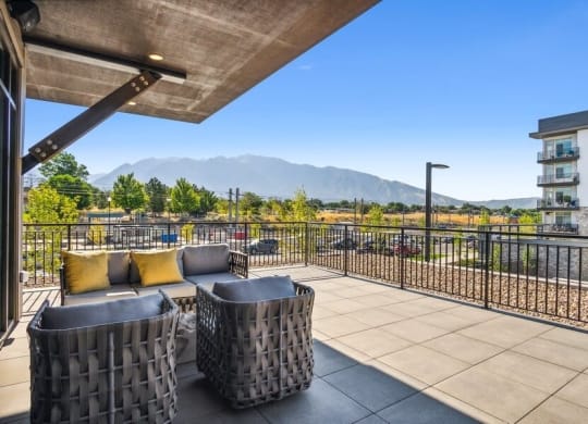 Community patio with lounge chairs