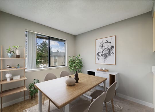 Model Dining Room with Carpet and Window View at Grammercy Apartments located in Renton, WA.