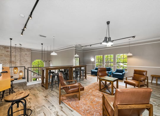 Community Clubhouse Upstairs Area with Lounge Furniture at Dallas North Park Apartments in Dallas, TX.