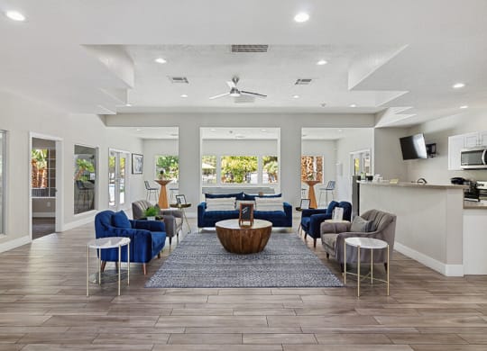 Community Clubhouse with Kitchen Area and Island at Verraso Apartments in Las Vegas, NV.