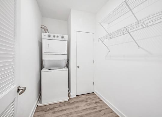 Model Laundry Room with Washer & Dryer at Stella Apartments located in New Carrollton, MD.