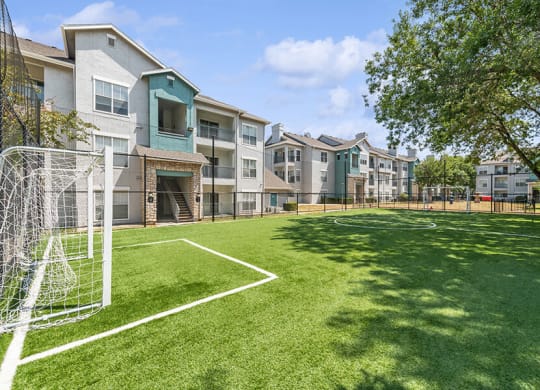 Community Soccer Field with Nets at Essence Apartments in Dallas, TX.
