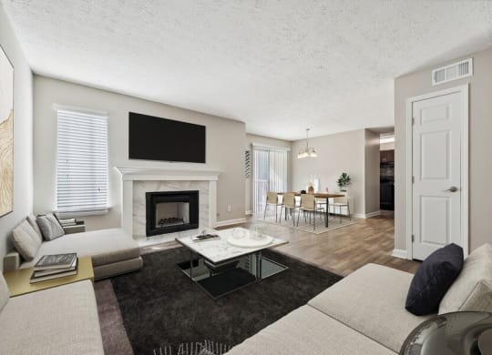 Model living room with fireplace