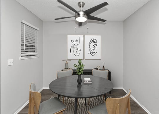 Model Dining Room with Wood-Style Flooring at The Meritage Apartments in Vallejo, CA.