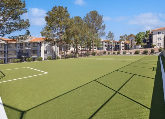 Community Soccer Field with Nets at Hilands Apartments in Tucson, AZ.