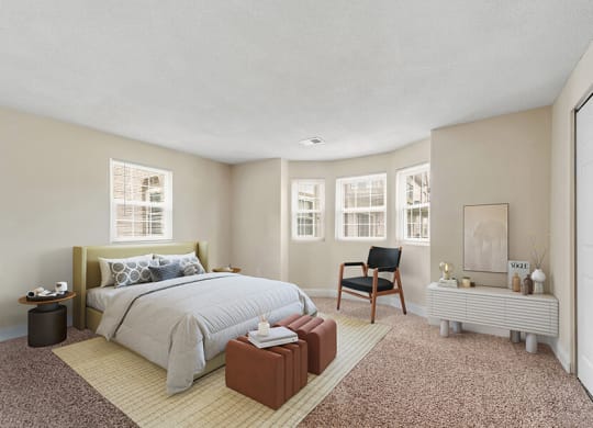 Model Bedroom with Carpet and Closet at Meadows at Marlborough Apartments in Boston, MA.