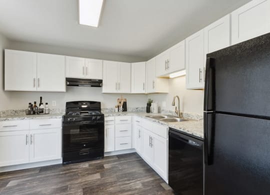 Model kitchen with all-black kitchen appliances
