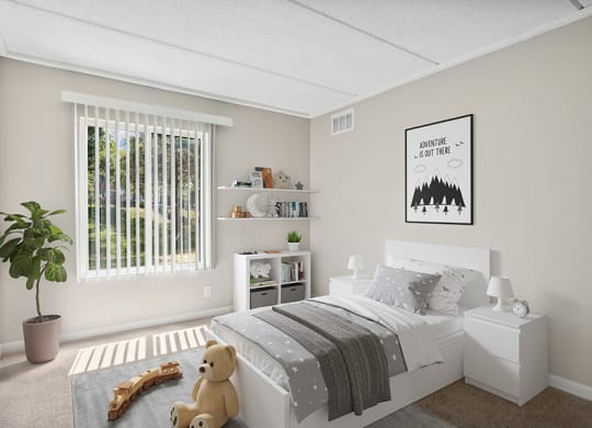 Model Bedroom with Carpet and Window View at Elevate on Parkway Apartments, Burnsville, Minnesota