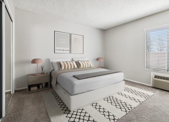 Model Bedroom 2 with Carpet & Window View at Forest Park Apartments in El Cajon, CA.
