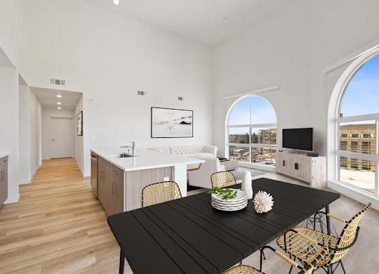 Model kitchen space with arch window