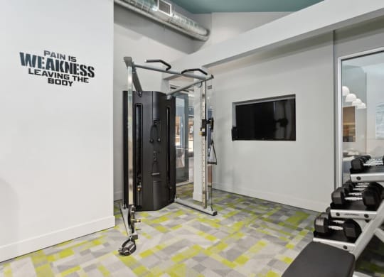 Community Fitness Center with Equipment at Creek 2645 Apartments in Sacramento, CA.