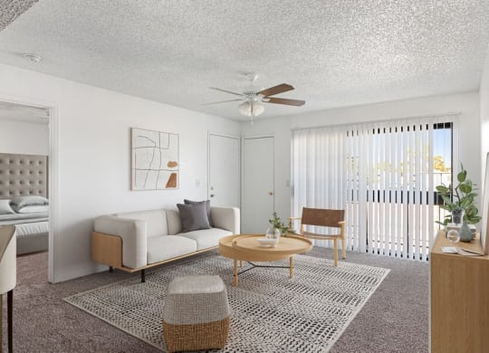 Model living room with sliding glass door