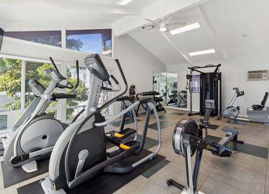 Community Fitness Center with Equipment at Colonnade at Fletcher Hills Apartments in El Cajon, CA.