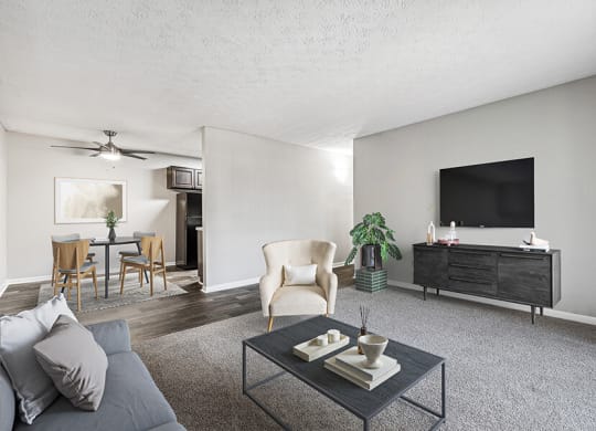 Model Living Room with Carpet and View of Dining Room at Paramont Apartments in Duluth, GA.