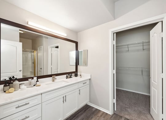 Model Bathroom with Wood-Style Flooring, White Cabinets & Walk In Closet at Allure North Dallas Apartments located in Dallas, TX.