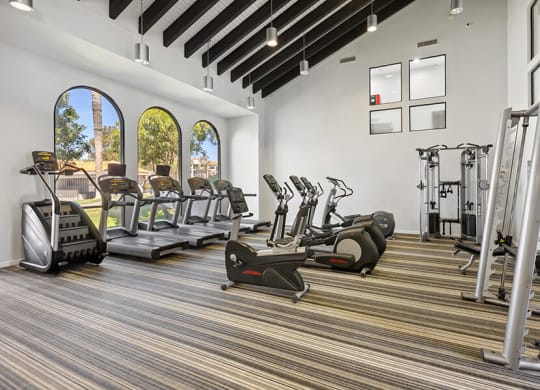 Community Fitness Center with Equipment and Window View at Hilands Apartments in Tucson, AZ.