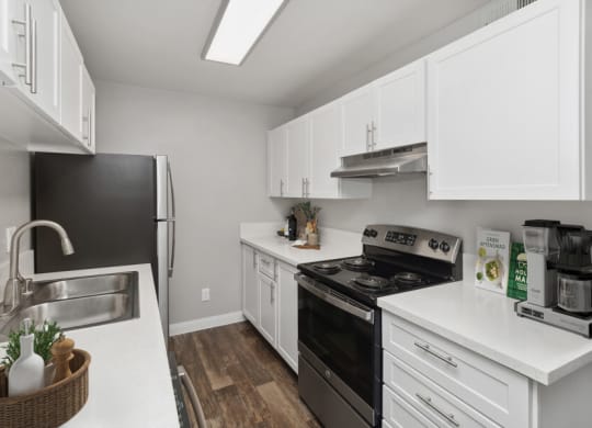 West Las Vegas, NV Apartments for Rent - Accent on Rainbow - Modern Galley Kitchen With White Cabinets, Stainless Steel Appliances, Double Sink, And Bright Countertops