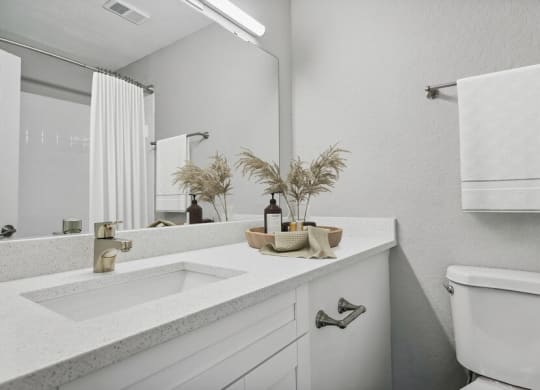 Model bathroom with white vanity