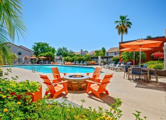 Poolside fire-pit area at Lore South Mountain, Phoenix