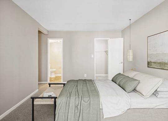 Model Bedroom with Carpet, Walk in Closet and attached Bathroom at Spring Parc Apartments in Silver Spring, MD.