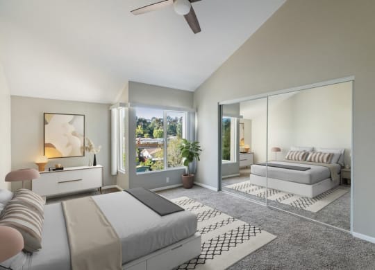 Model bedroom with large windows