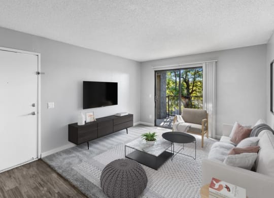 Model living room with sliding glass door