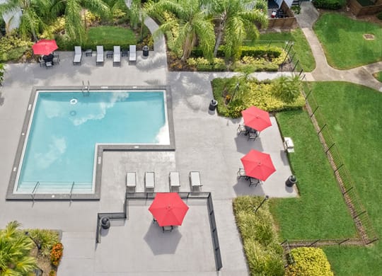 Aerial View of Community Swimming Pool and Pool Furniture at Rosehill Preserve Apartments in Orlando, FL.