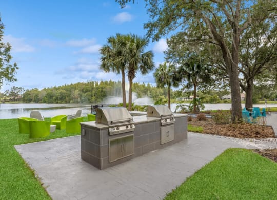 Outdoor grilling area with lake views