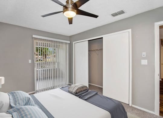 Model bedrrom with balcony sliding door and walk in closet