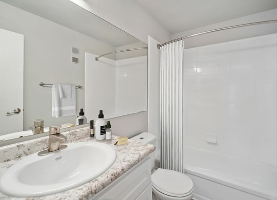 Model bathroom with White Cabinets and Wood-Style Flooring at Waterfront Apartments in Lakewood, CO.
