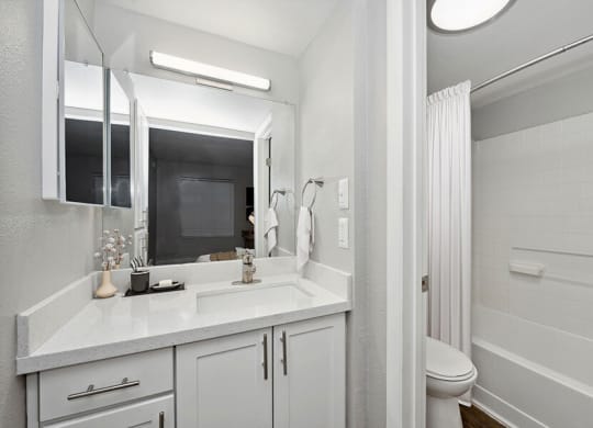 Model Bathroom with White Cabinets, Wood-Style Flooring and Shower/Tub at Crystal Creek Apartments located in Phoenix, AZ.