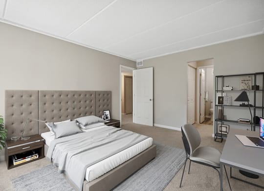 Model Bedroom with Carpet & Walk In Bathroom at Elevate on Parkway, Burnsville, 55337