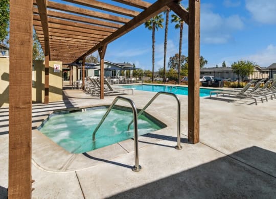 Community Hot Tub and view of Pool at Forest Park Apartments in El Cajon, CA.