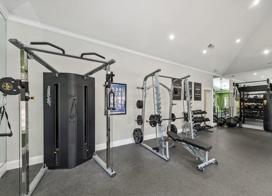 Community Fitness Center with Equipment at Bridges at Oakbend Apartments in Lewisville, TX.