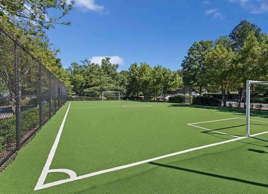 Community Soccer Field with Nets at Lakeside Retreat Apartments located in Peachtree Corners, GA.