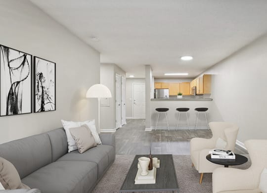 Model Living Room with Carpet and View of Kitchen at Retreat at Stonecrest Apartments located in Lithonia, GA.