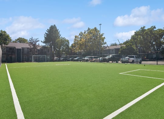 Community Soccer Field with Nets at Overlook Apartments located in Salt Lake City, UT.
