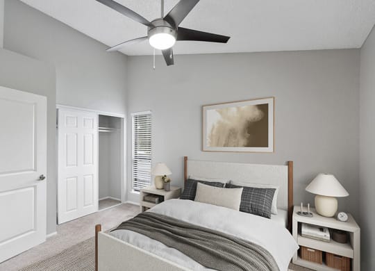 Model Bedroom with Carpet and Closet at The Meritage Apartments in Vallejo, CA.