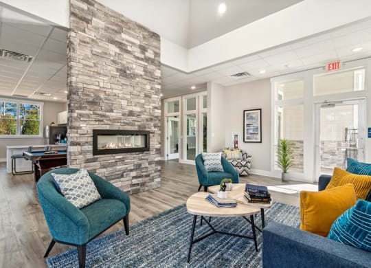 Community lounge space with fireplace