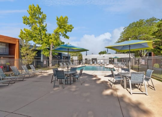 Community Swimming Pool with Pool Furniture at Indigo Park Apartments in Albuquerque, NM.