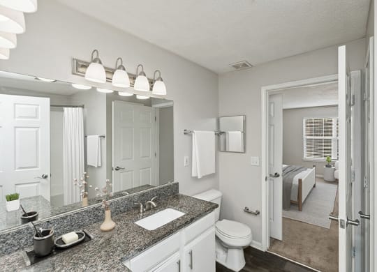 Model Bathroom with White Cabinets and Wood-Style Flooring at Shadow Ridge Apartments in Riverdale, GA.