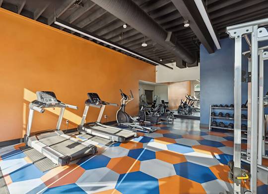 Community Fitness Center with Equipment at Horizon Apartments located in Santa Ana, CA.
