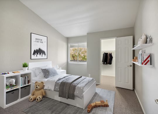 Model Bedroom with Carpet & Walk in Closet at Verraso Apartments in Las Vegas, NV.