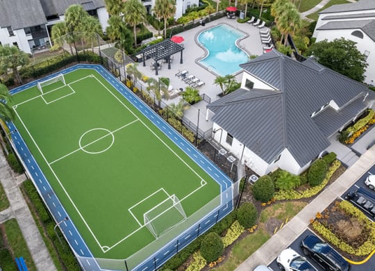 Aerial View of Community Soccer Field with Nets at Rosehill Preserve Apartments in Orlando, FL.